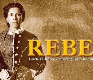 REBEL VERTICAL signature image – composite of two portraits of Loreta Velazquez passing as Lieutenant Harry T. Buford, soldier and spy of the American Civil War, played by actress Romi Dias.  Photo by Gerard Gaskin, graphic work by Hayley Parker.